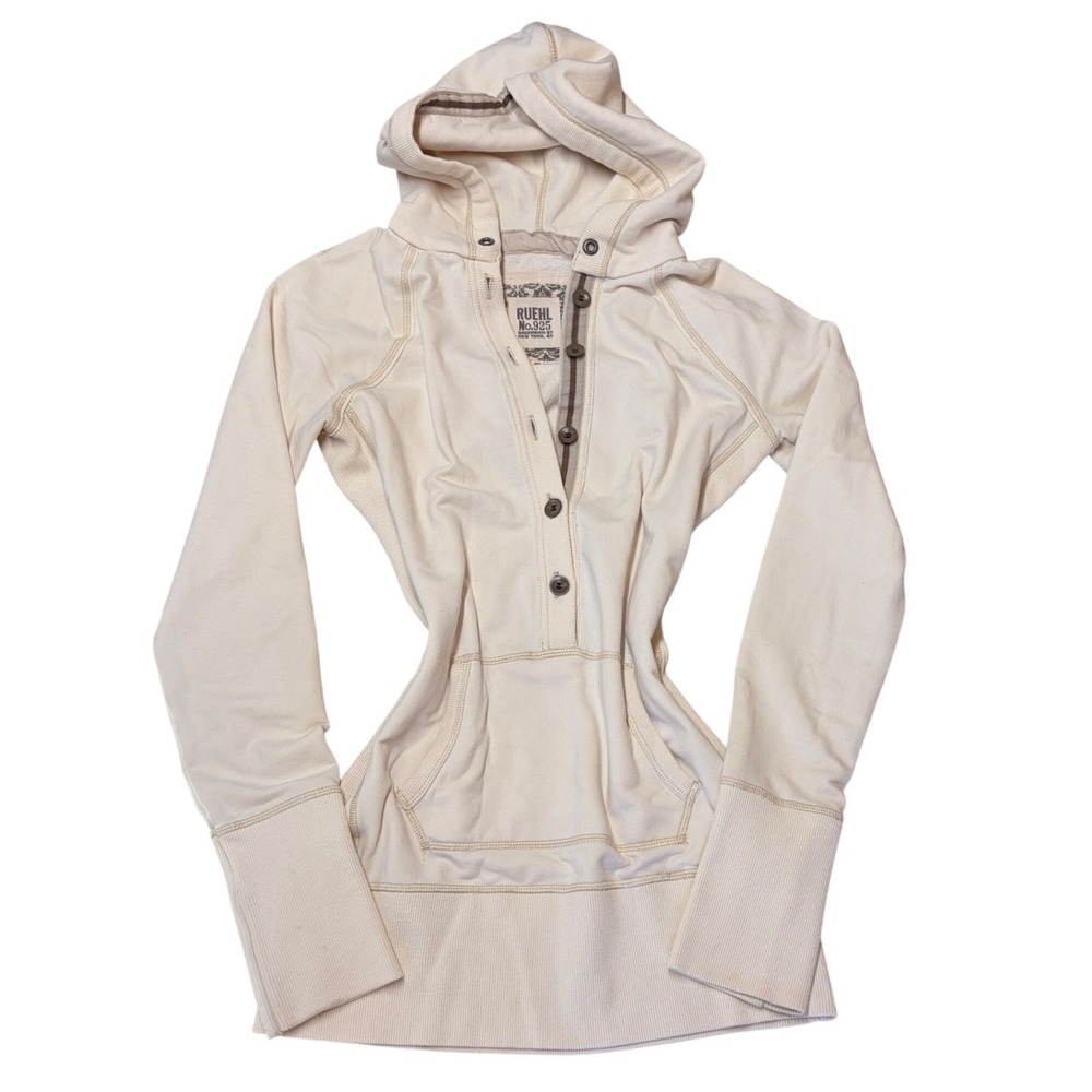 Vintage RUEHL No 925 Womens L Cream Y2K Archival Button Front Hoodie Long Fitted